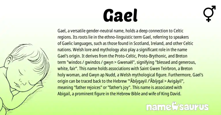 Infographic about Gael name meaning, Gael is a name from Breton, Proto-Brythonic, Ireland, Welsh, Gaelic, Celtic, Hebrew, Proto-Celtic origin(s).