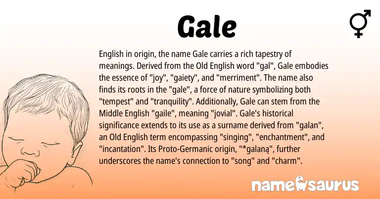 Infographic about Gale name meaning, Gale is a name from Middle English, Old English, English, Germanic origin(s).