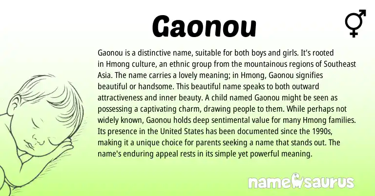 Infographic about Gaonou name meaning, Gaonou is a name from Hmong origin(s).