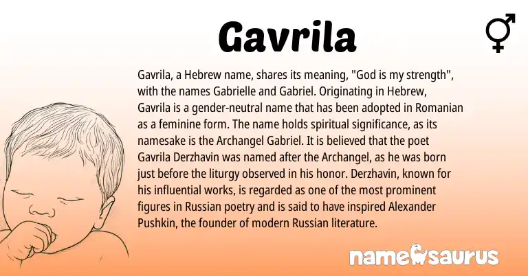 Infographic about Gavrila name meaning, Gavrila is a name from Russian, Romanian, Hebrew origin(s).