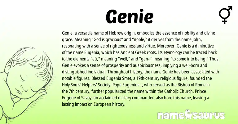 Infographic about Genie name meaning, Genie is a name from Ancient Greek, European, Hebrew origin(s).