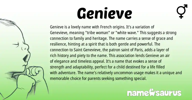 Infographic about Genieve name meaning, Genieve is a name from French origin(s).