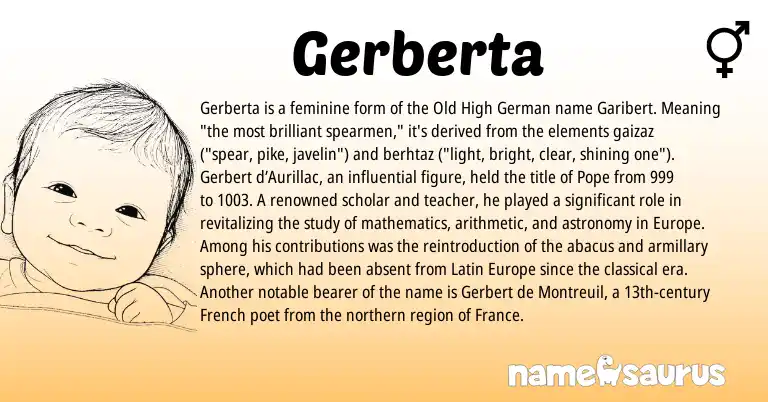 Infographic about Gerberta name meaning, Gerberta is a name from Old High German, French, Latin origin(s).