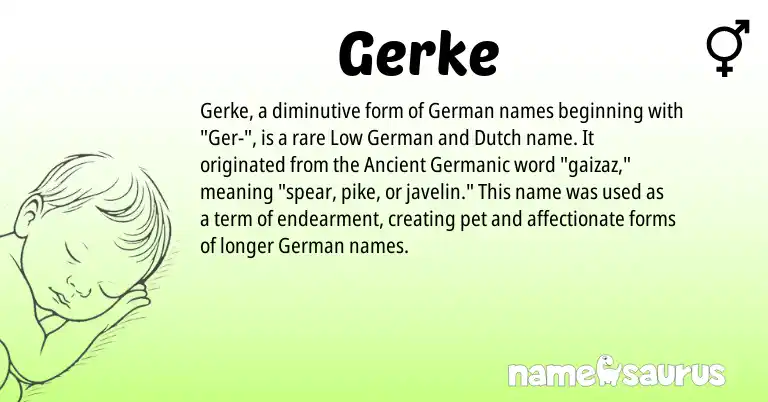 Infographic about Gerke name meaning, Gerke is a name from German, Dutch, Low German, Ancient Germanic origin(s).