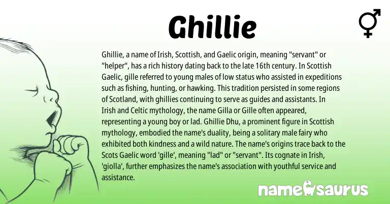 Infographic about Ghillie name meaning, Ghillie is a name from Irish, Scots, Gaelic, Celtic, Scottish origin(s).