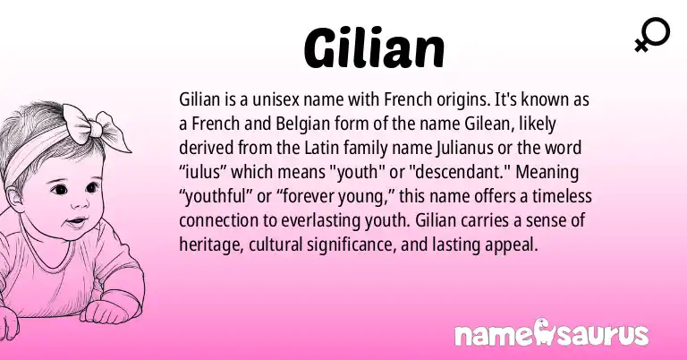 Infographic about Gilian name meaning, Gilian is a name from French, French (Belgian), Flemish, Dutch origin(s).