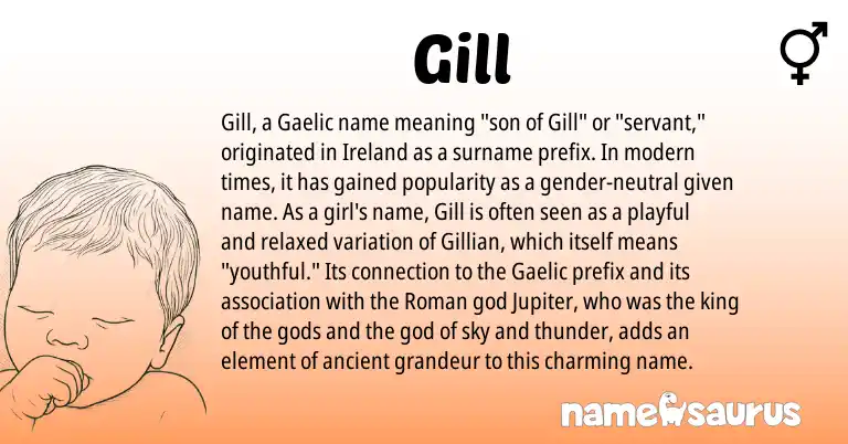 Infographic about Gill name meaning, Gill is a name from Gaelic, Roman, Ireland origin(s).