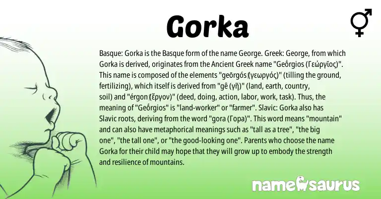 Infographic about Gorka name meaning, Gorka is a name from Basque, Ancient Greek, Slavic, Greek origin(s).