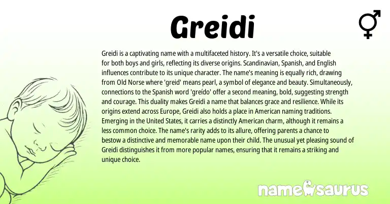 Infographic about Greidi name meaning, Greidi is a name from English, Scandinavian, Spanish, Norse origin(s).