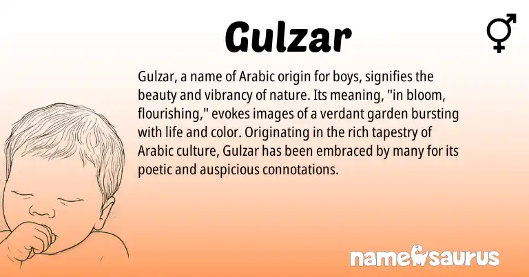 Infographic about Gulzar name meaning, Gulzar is a name from Arabic origin(s).