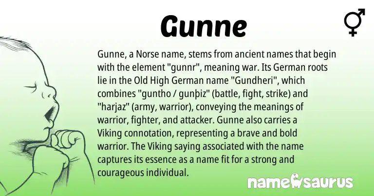 Infographic about Gunne name meaning, Gunne is a name from Old High German, German, Norse origin(s).