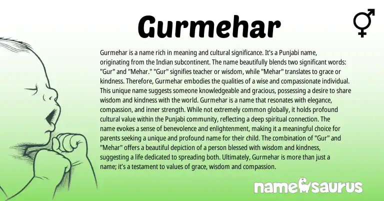 Infographic about Gurmehar name meaning, Gurmehar is a name from Sanskrit, Punjabi, Indian origin(s).