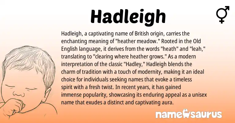 Infographic about Hadleigh name meaning, Hadleigh is a name from Old English, British origin(s).