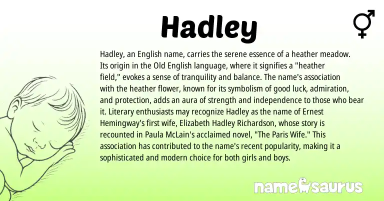 Infographic about Hadley name meaning, Hadley is a name from Old English, English origin(s).