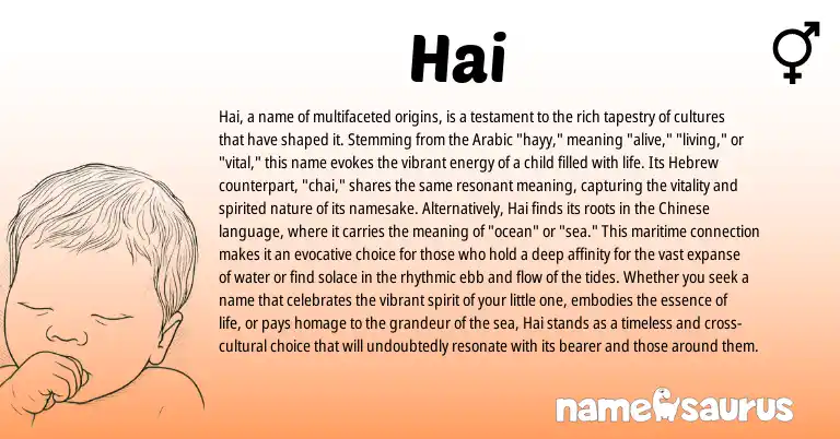 Infographic about Hai name meaning, Hai is a name from Chinese, Arabic, Hebrew origin(s).