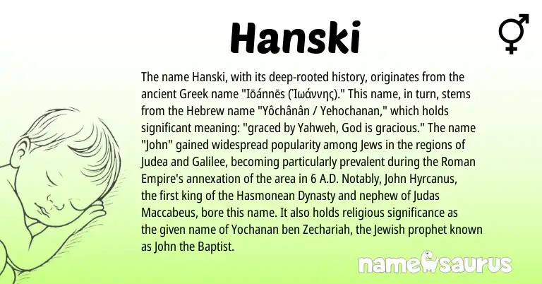 Infographic about Hanski name meaning, Hanski is a name from Jewish, Roman, Hebrew, Greek origin(s).