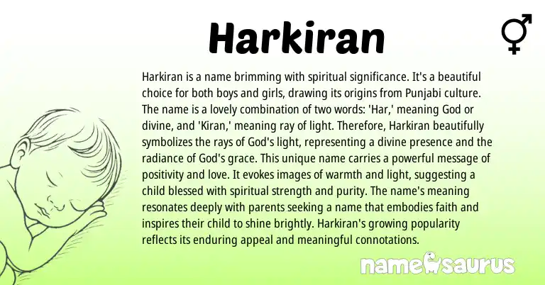 Infographic about Harkiran name meaning, Harkiran is a name from Indian, Punjabi origin(s).