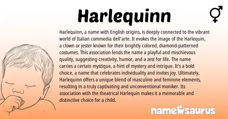 Infographic about Harlequinn name meaning, Harlequinn is a name from Italian, English origin(s).