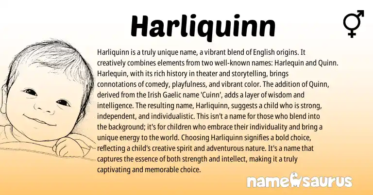 Infographic about Harliquinn name meaning, Harliquinn is a name from Gaelic, English, Irish origin(s).