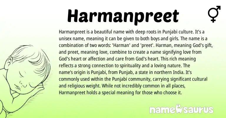 Infographic about Harmanpreet name meaning, Harmanpreet is a name from Indian, Punjabi origin(s).