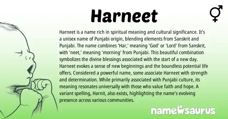 Infographic about Harneet name meaning, Harneet is a name from Indian, Punjabi, Sanskrit origin(s).