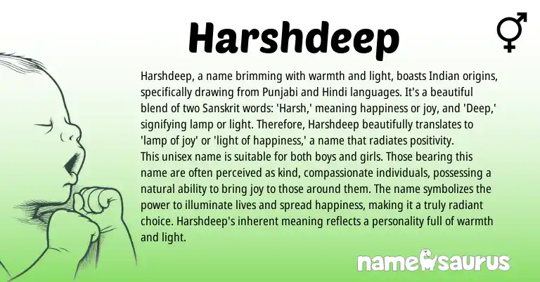 Infographic about Harshdeep name meaning, Harshdeep is a name from Indian, Sanskrit origin(s).