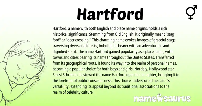 Infographic about Hartford name meaning, Hartford is a name from Old English, English, United States origin(s).