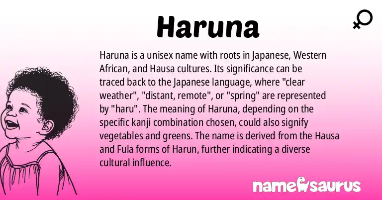 Infographic about Haruna name meaning, Haruna is a name from Japanese, Western African, Hausa, Fula origin(s).