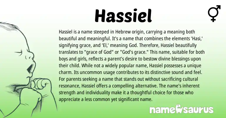 Infographic about Hassiel name meaning, Hassiel is a name from Hebrew origin(s).