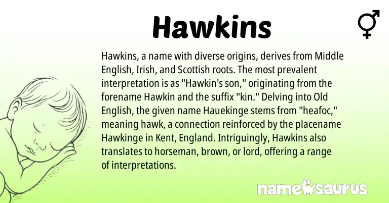 Infographic about Hawkins name meaning, Hawkins is a name from Irish, England, Middle English, Old English, Scottish origin(s).