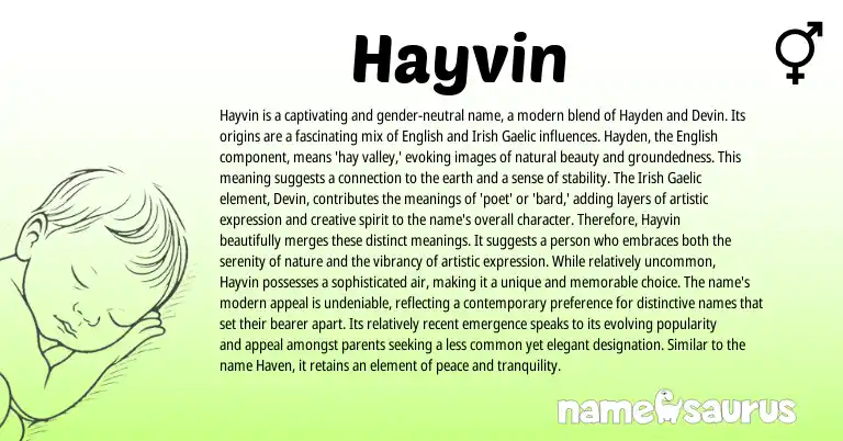 Infographic about Hayvin name meaning, Hayvin is a name from Gaelic, English, Irish origin(s).