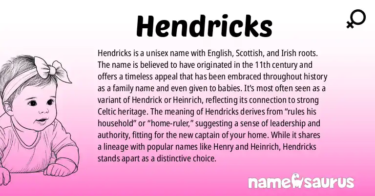 Infographic about Hendricks name meaning, Hendricks is a name from English, Scottish, Irish origin(s).