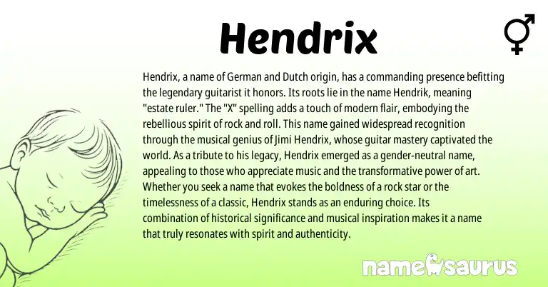 Infographic about Hendrix name meaning, Hendrix is a name from German, Dutch origin(s).
