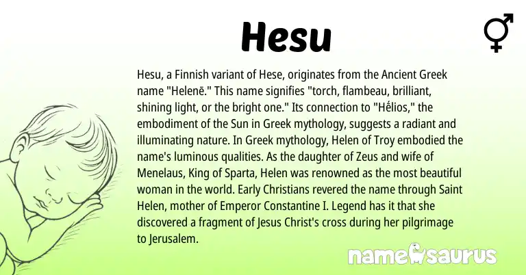 Infographic about Hesu name meaning, Hesu is a name from Finnish, Greek, Ancient Greek origin(s).