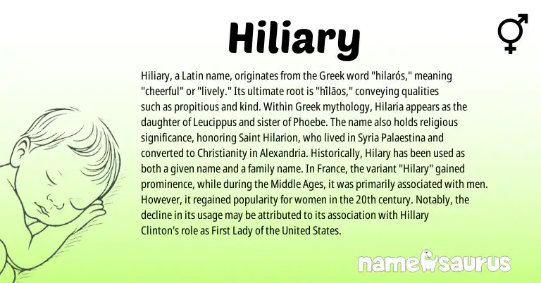 Infographic about Hiliary name meaning, Hiliary is a name from Christianity, United States, Syria, Latin, Greek origin(s).