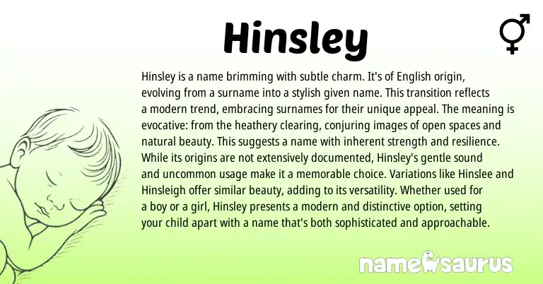 Infographic about Hinsley name meaning, Hinsley is a name from English origin(s).