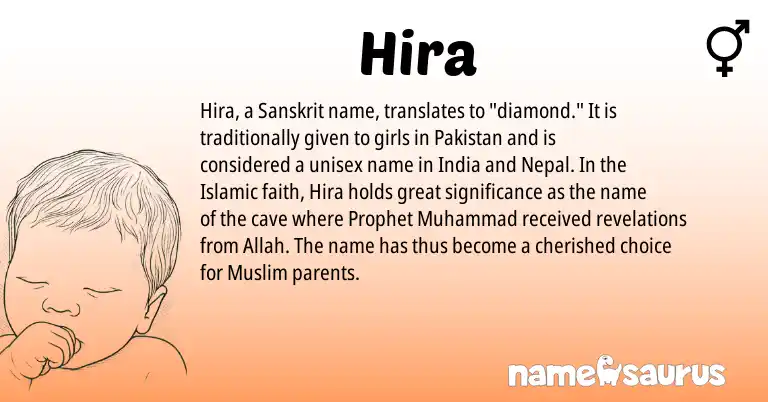 Infographic about Hira name meaning, Hira is a name from Sanskrit, Pakistan, Muslim origin(s).