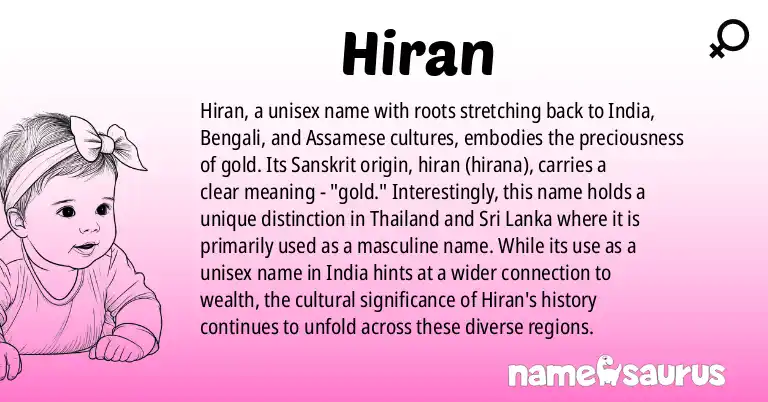 Infographic about Hiran name meaning, Hiran is a name from Indian, Bengali, Assamese, Hindi origin(s).