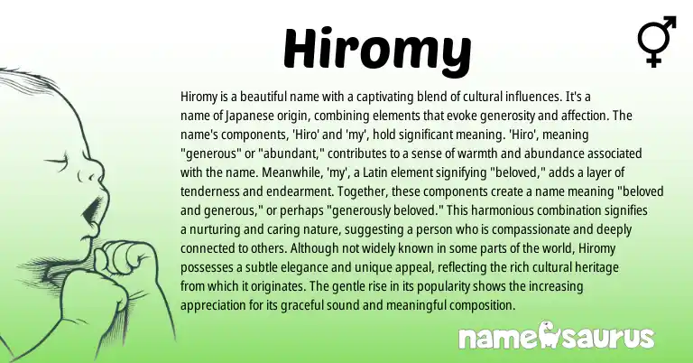Infographic about Hiromy name meaning, Hiromy is a name from Latin, Japanese origin(s).