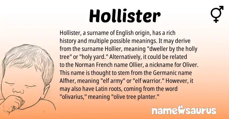 Infographic about Hollister name meaning, Hollister is a name from English, French, Germanic, Latin, Norman origin(s).