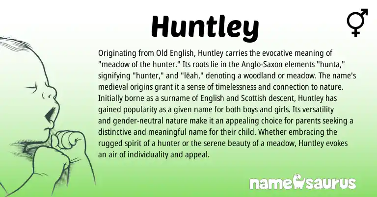 Infographic about Huntley name meaning, Huntley is a name from Old English, English, Scottish, Anglo-Saxon origin(s).