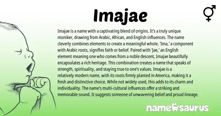 Infographic about Imajae name meaning, Imajae is a name from African, English, Arabic, American origin(s).