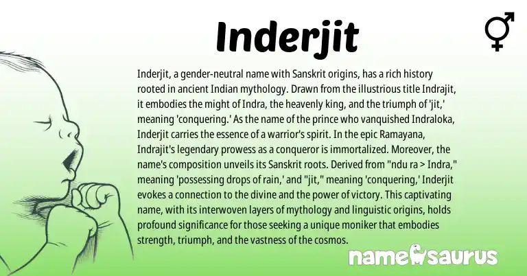 Infographic about Inderjit name meaning, Inderjit is a name from Sanskrit, Indian origin(s).