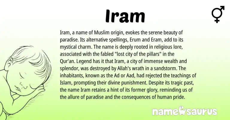 Infographic about Iram name meaning, Iram is a name from Muslim origin(s).