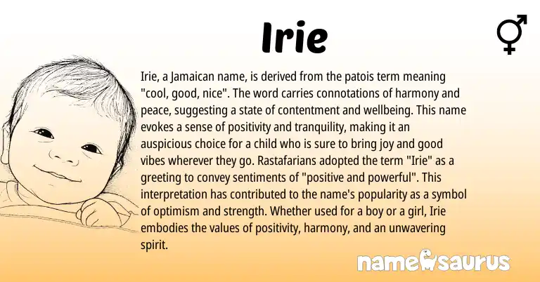 Infographic about Irie name meaning, Irie is a name from Jamaican origin(s).