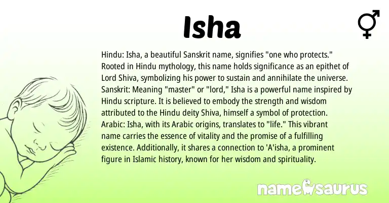 Infographic about Isha name meaning, Isha is a name from Sanskrit, Arabic, Hindu origin(s).