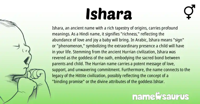 Infographic about Ishara name meaning, Ishara is a name from Hindi, Arabic, Hittite origin(s).