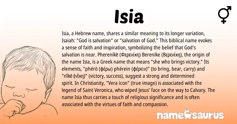 Infographic about Isia name meaning, Isia is a name from Christianity, Hebrew, Greek origin(s).