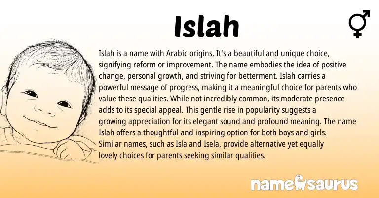 Infographic about Islah name meaning, Islah is a name from Arabic origin(s).