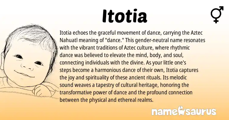 Infographic about Itotia name meaning, Itotia is a name from Aztec, Nahuatl origin(s).